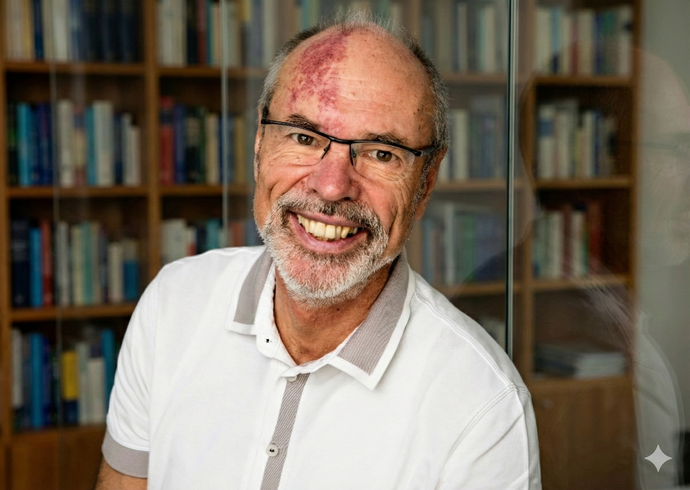 Älterer Mann mit Brille und weißem Hemd lächelt vor Bücherregal, Porträtfoto.