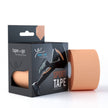 beiges Kinesiologie Tape für Sport, Rolle neben Verpackung mit sportlichem Design