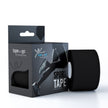 Schwarzes Kinesiologie Tape für Sport, Rolle neben Verpackung mit sportlichem Design